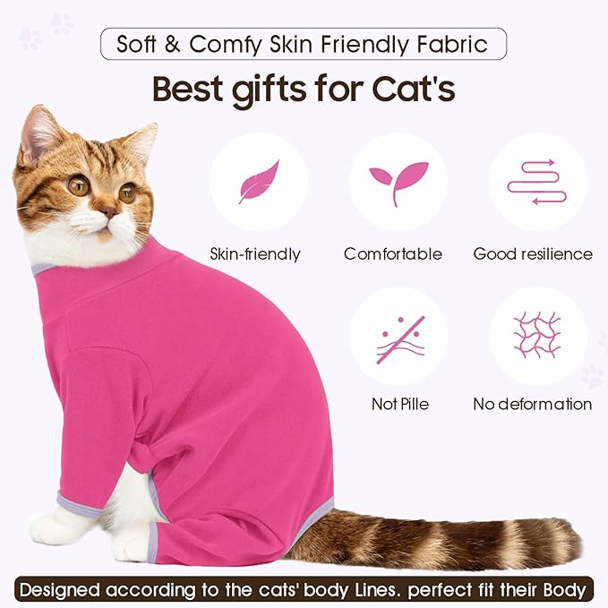 DENTRUN Cat Clothes for Hair Control with Hair Sticky Fabric - Soft Recovery Suit & Breathable Lint-Resistant Cat Sweater for Cats Only, Kitten Onesie Pajamas, XL, Bright Pink