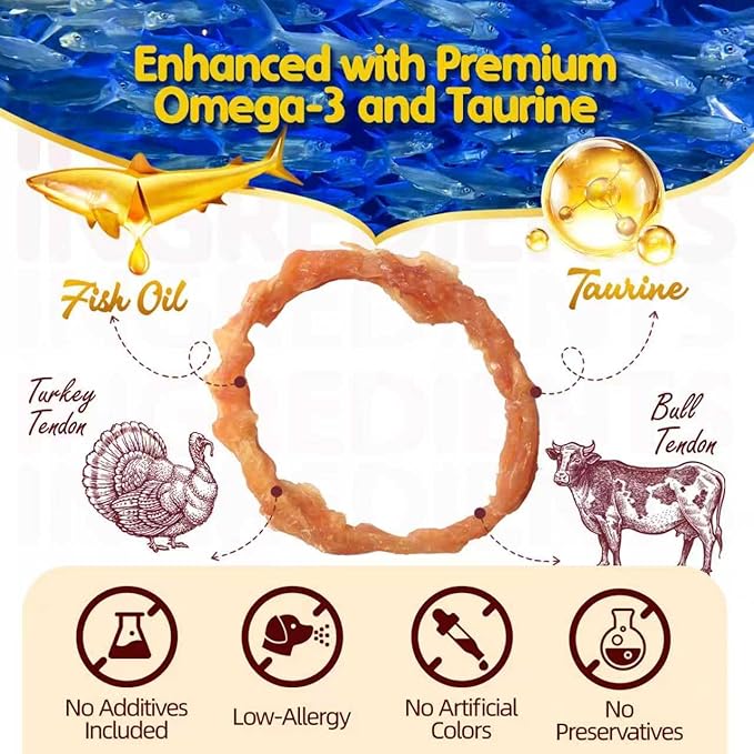 TailParty Turkey Tendons for Dogs with Fish Oil & Taurine: All Natural Dental Chews & Training Treats, Long Lasting Snack for Health-Conscious Pet Owners(Ring, 8 oz)