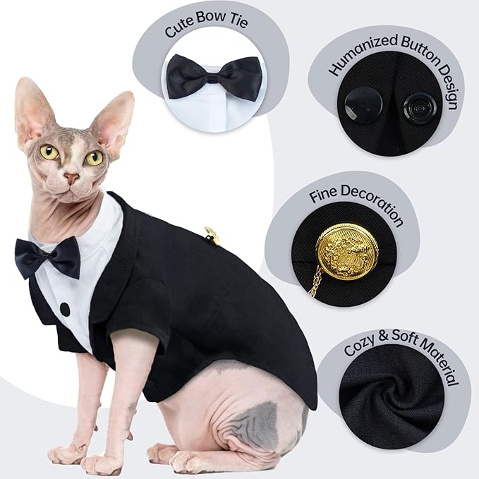 QBLEEV Cat Tuxedo Outfit, Formal Cat Suit Costume with Bow Tie, Sphynx Hairless Clothes for Cats Only, Kitten Wedding Birthday Party Attire Apparel for Male Boy, Cute Small Pet Gentleman Formal Wear