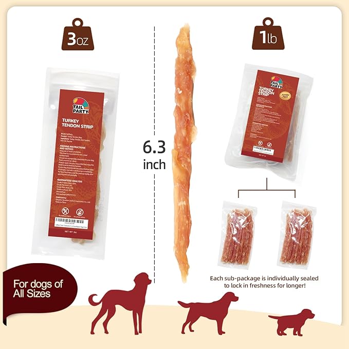 TailParty Turkey Tendons for Dogs with Fish Oil & Taurine: All Natural Dental Chews & Training Treats, Long Lasting Snack for Health-Conscious Pet Owners(Strip, 1 lb)