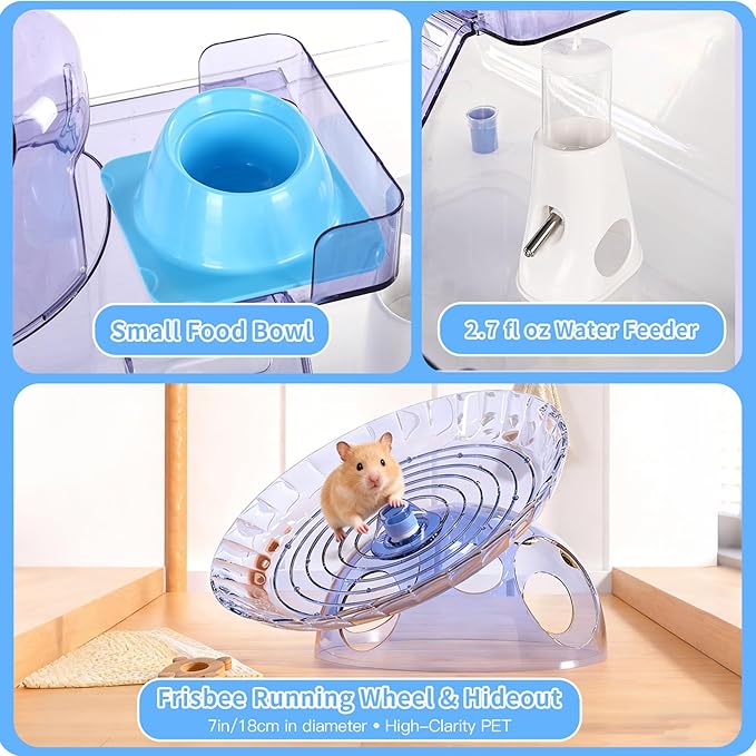 Large Hamster Cage Kit 24x13x14in for Syrian Hamster & Dwarf Hamster with 6″H Deepened Base, Large Platform, Exercise Wheel, 2 Hide-Houses, Water Bottle, Food Bowl, Ladder, Tube Port