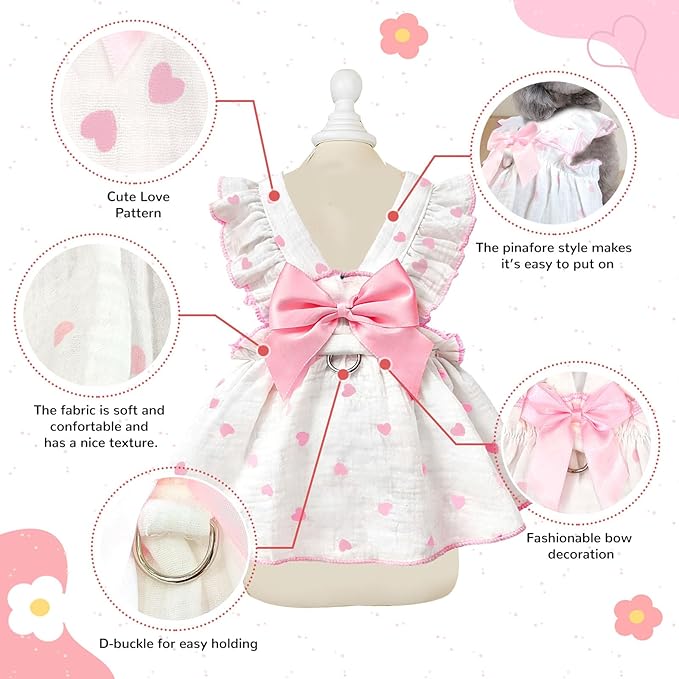 Dog Dresses for Small Dogs Girl Female Dog Cat Clothes Dress Cute Cotton Extra Summer Clothes Bow Decor Printed Love Birthday Outfit Puppy Clothes (Light Pink, Large)