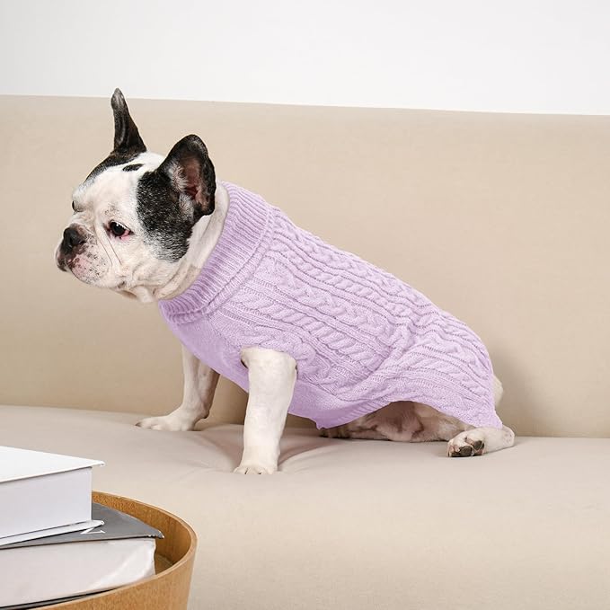 2 Pack Dog Sweaters for Medium Dogs Winter Turtleneck Pullover Cable Knit Fleece Stretch Frenchie Dachshund Pug Corgi Beagle Boy Girl Pet Clothes (L, Pink & Purple)