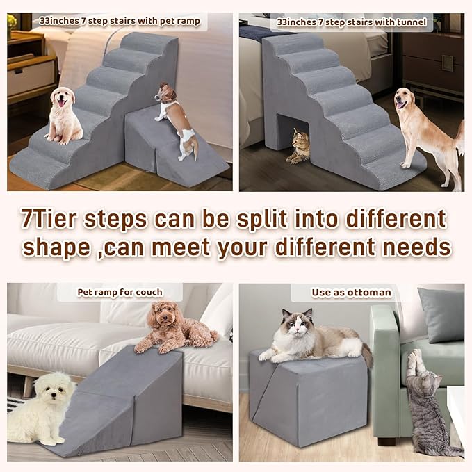 7-Step Dog Stairs for High Bed 30-36" H, Dog Steps for High Bed Couch, Pet Steps for Small, Older Pets, Non-Slip Balanced Pet Ramp Indoor, Grey