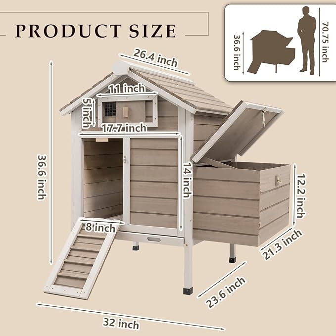 Ketive Chicken Coop Chicken House Outdoor with Removable Trays, Wooden Rabbit Hutch Poultry Cage with Nesting Box, Indoor Hen House Chicken Cage with Ramp for Garden Backyard (32"L x 23.6"W x 36.6"H)