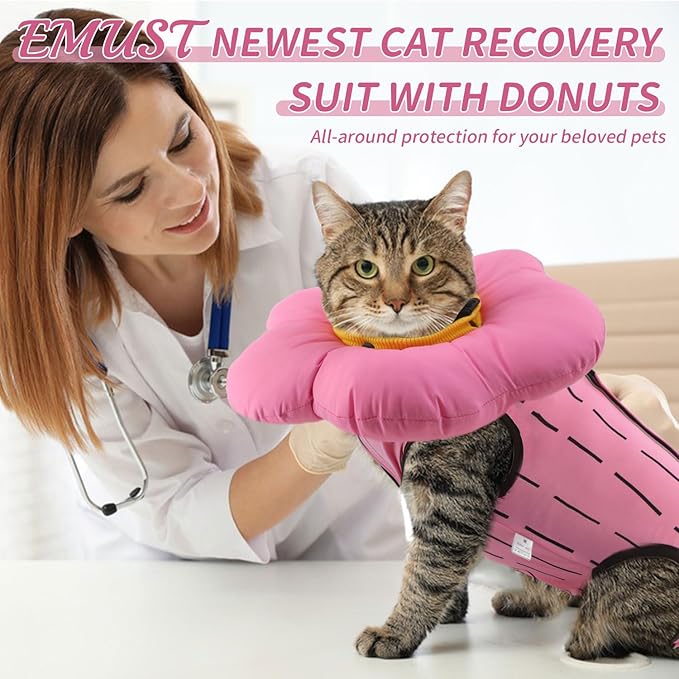 EMUST 2PCS Cat Recovery Suit and Cat Surgery Suit, Cotton Breathable Cats Spay Recovery Suit, Adjustable Cute Flower Neck for Cats 8-16lb(Pink, L)