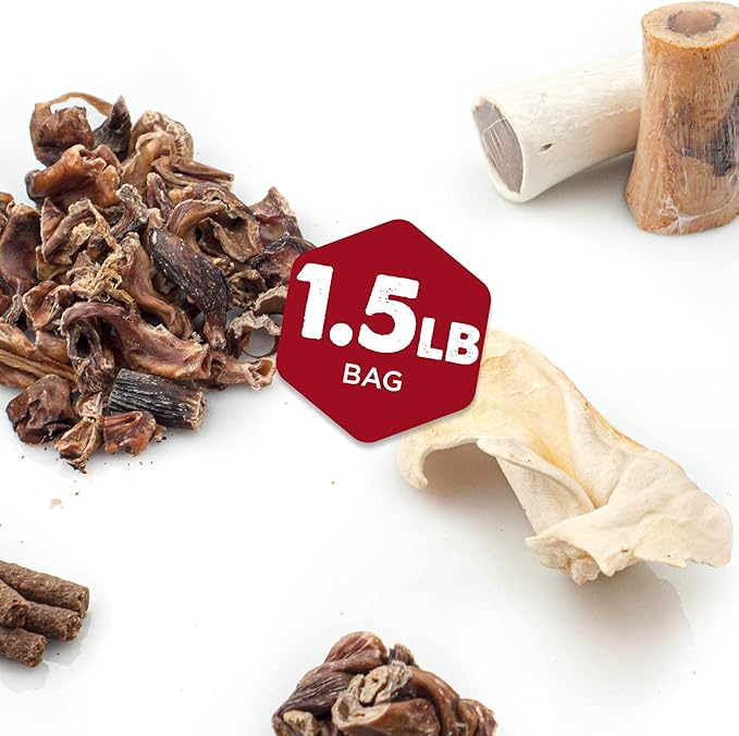 Mixed Morsels Bargain Bag - 1.5 lb (Pack of 1) - Assorted Natural Treats, Rawhide-Free Variety: Stuffed Shin Bone, Small Femur, Broken Snap Sticks, Gullet Mix, Cow Ear, Rib