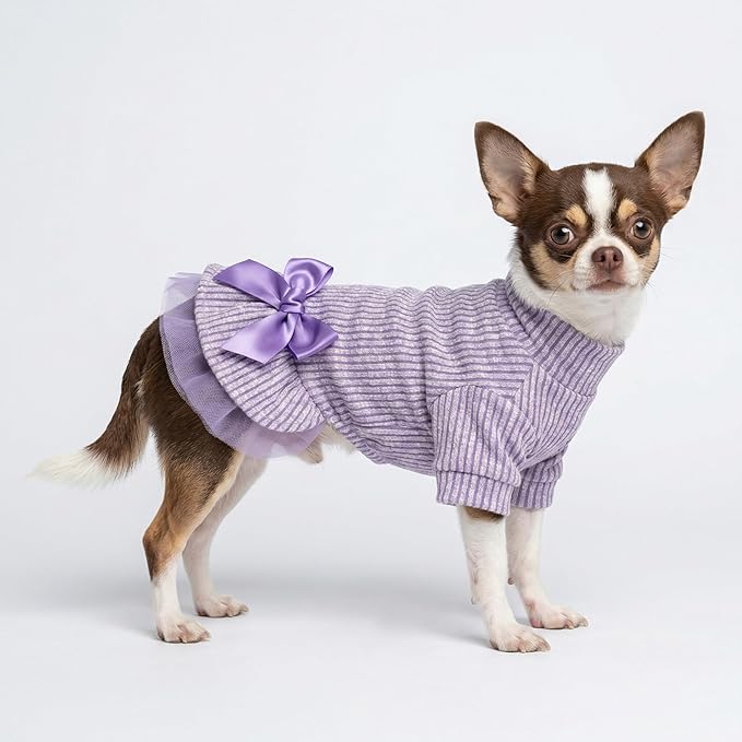 Fitwarm Collared Neck Tulle Dog Dress, Cozy Winter Clothes for Small Dogs Girl, Pet Outfits, Purple, Medium
