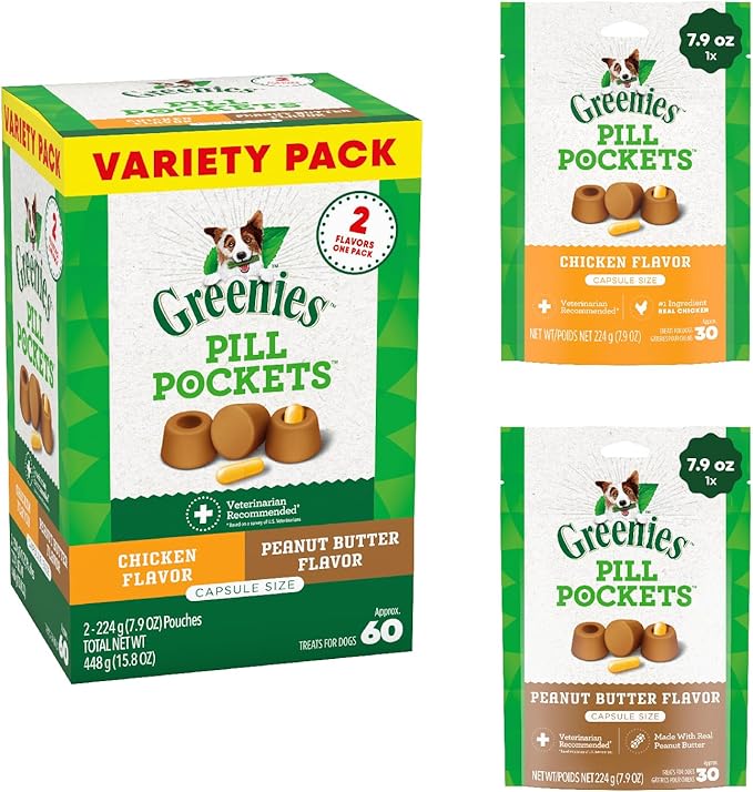 Greenies Pill Pockets for Dogs Large Size, Dog Treat Pouch for Capsule Medication, Variety Pack, 7.9 oz. Pouch