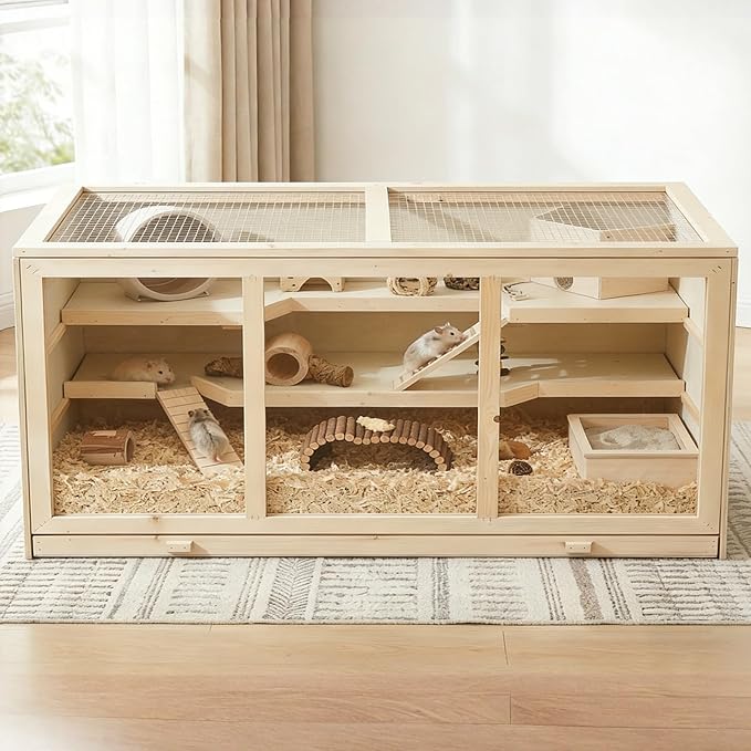 45" Extra Large Wooden Hamster Cage, Hamster Enclosure with Opening Roof & Multi-Levels, Extra Large Natural Habitat, Includes Ramps and Hut for Rabbit, Guinea Pig, Hedgehog Small Pets