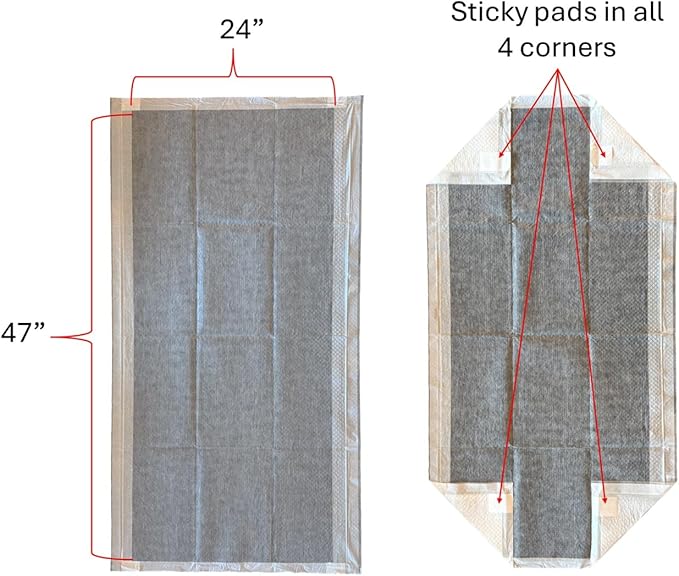 12pk - 47" x 24" Disposable Guinea Pig Cage Liner (4' x 2') for Midwest, C&C and Hard Bottom Cages - Bamboo Charcoal Odor Control - 4 Corner Sticky Pads - No SAP for Small Animal Safety