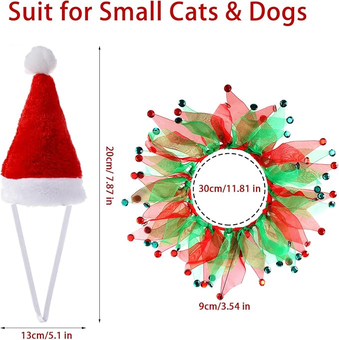 Christmas Cat Costume Small Santa Hat and Collar for Small Dogs & Cats Fancy Holiday Pet Costume Accessories for Christmas Party