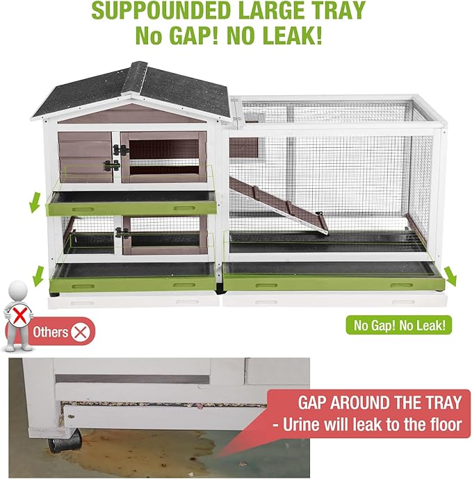 GUTINNEEN Rabbit Hutch with Chew-Proof Ramp, Large Mobile Bunny Cage with 6 Wheels, 2 Story Wooden Cage for Rabbits, Guinea Pigs, and Chickens, Outdoor/Indoor Use, 62" L x 22.6" W x 33.5" H