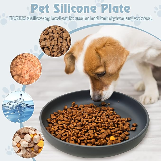BNOSDM Silicone Cat Bowl Non-Slip Cat Food Plate Flat Dog Bowls with Suction Cup Shallow Puppy Food and Water Dish for Small and Medium Pets (Steel Gray)