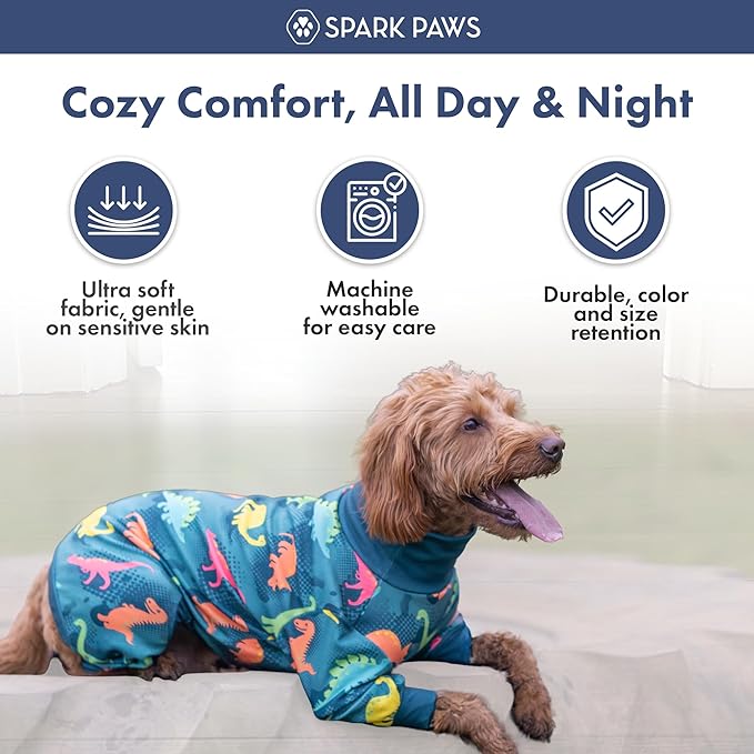 Spark Paws Dog Pajama, Dog Recovery Suit Male, Onesie, Ultra-Soft and 4-Way Stretch, for Small Medium and Large Breeds - Dinosaurs - 3XL