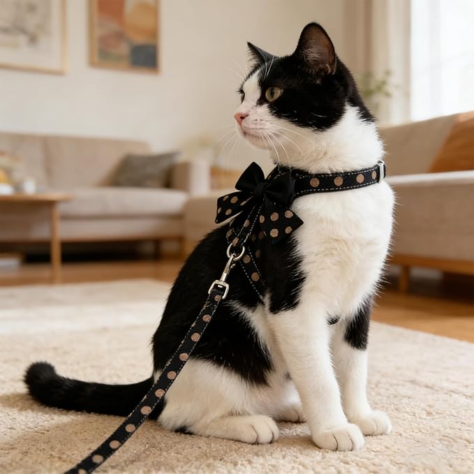 Cat Harness and Leash Set, Sweet Bow Kitten Collar, Escape Proof Extra Small Boy Dog Harness, Cute Polka Dot Print Puppy Collar, Dog Leash for Small Dogs Kittens Outdoor Walking (Black, S)