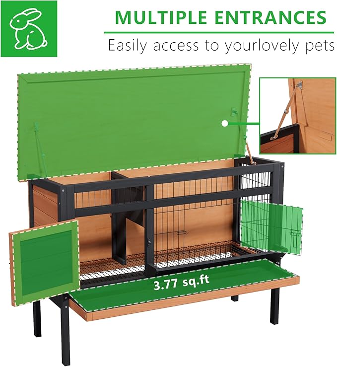 Wooden Rabbit Hutch Elevated Bunny Cage Indoor Outdoor, 43.3" Small Animal House with No Leak Tray Feeding Trough and Openable Asphalt Roof for Guinea Pigs Quails Ducks & Hedgehogs (Brown)