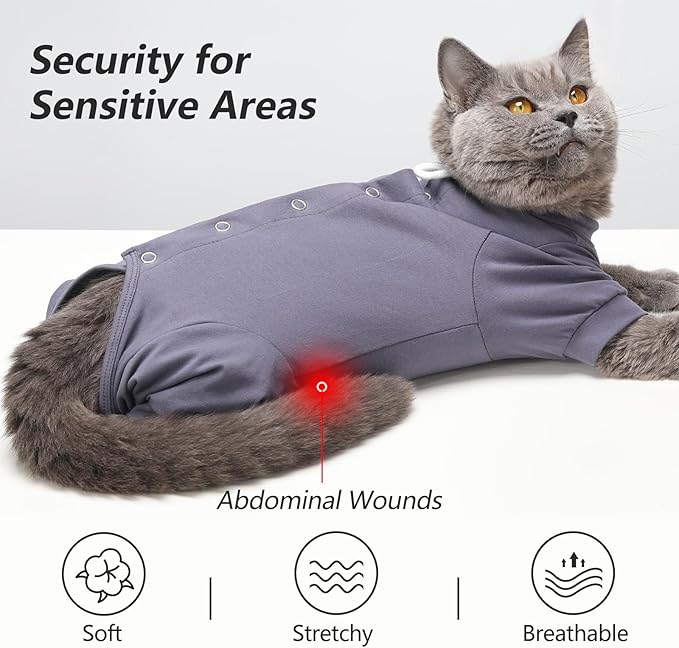 Dotoner Cat Recovery Suit After Surgery Spay Recovery Suit for Female Cats Soft Protective Clothing E-Collar Alternative for Wound Care Post Surgery Apparel(Grey-L)