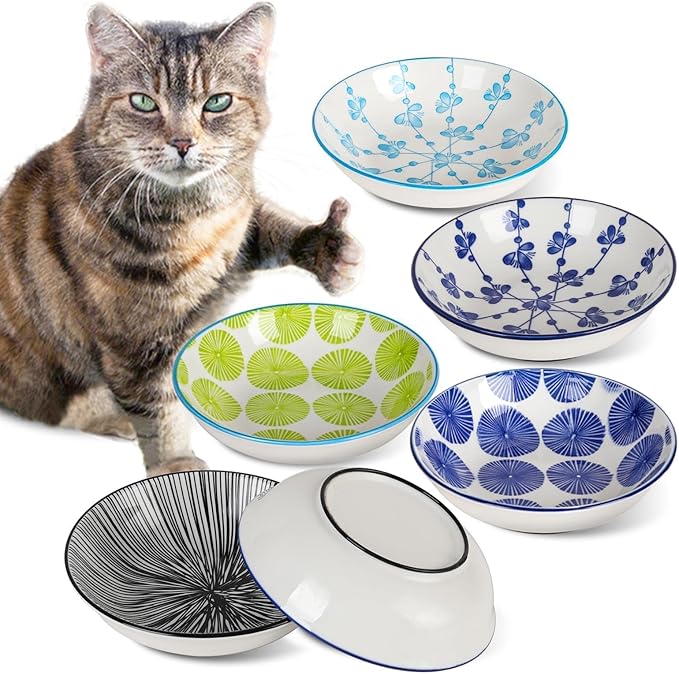 Ceramic Cat Bowls with Non-Slip Silicone Bottom,6 Pack Cat Food Bowl,Anti Whisker Fatigue Cats Dishes for Indoor Cats,Healthy Ceramic Kitten Plates for Daily Feeding Gift Choice (Classic)