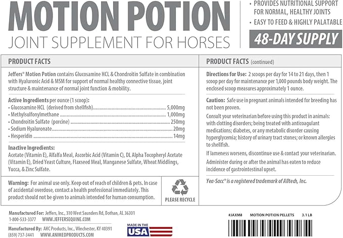 Jeffers Motion Potion Horse Joint Supplement Pellets – Glucosamine HCL, MSM, Chondroitin, Hyaluronic Acid, Vitamin C & E, Daily Equine Support for Senior & Active Horses – 3.1, lbs 160 Day Supply