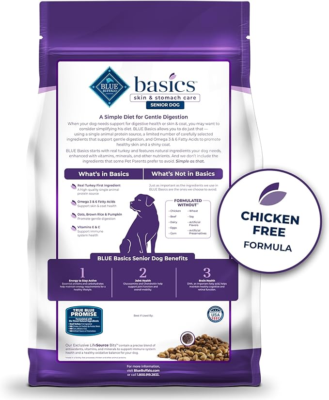 Blue Buffalo Basics Senior Dry Dog Food, Skin & Stomach Care, Limited Ingredient Diet, Turkey Recipe, 4-lb Bag