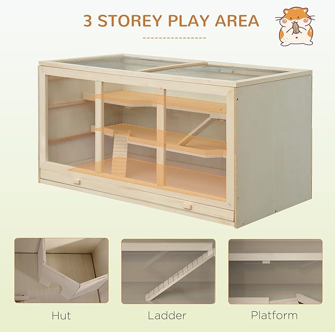 Extra Large Hamster Cage, Wooden Chinchilla Cage, 3-Layer Hamster Hideout with Open Roof Gerbil Cage for Ferret, Mice Rat Reptiles (Natural)