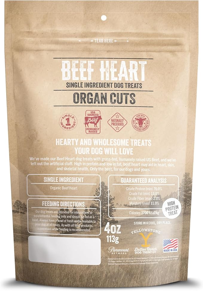 Authentic Yellowstone Dutton Ranch Dog Treat Co. - Single Ingredient Organ Meat: Beef Hearts - Premium Dog Treats with No Additives, Preservatives or Fillers - Made in The USA - 4oz