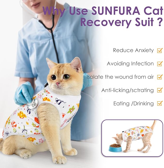 Cat Recovery Suit, Kitten Surgical Full Bodysuit for Abdominal Wound Protector Anti Licking After Surgery, Professional Bandages Cone E-Collar Alternative for Small Male & Female Pets