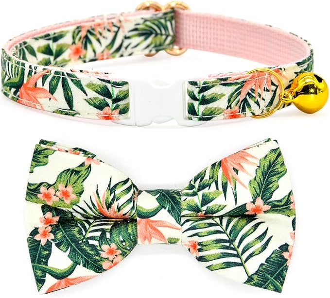 Bow Tie Cat Collar Set, Wedding/Birthday Gift for Cat, Summer Strelizia Flower Floral, Cat Accessories