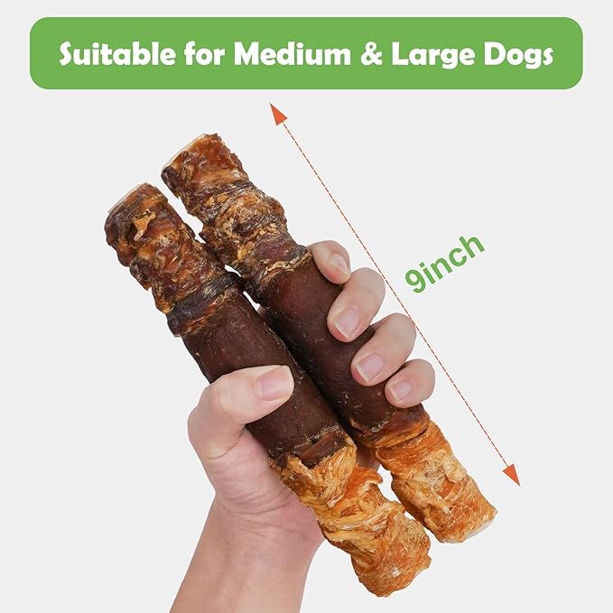MON2SUN Dog Treats Triple Flavor 9 Inch Chicken Liver Duck and Chicken Wrapped Rawhide Rolls, Teeth Cleaning and Long Lasting Chews for Medium and Large Dogs, 11.1 oz(2 Count)