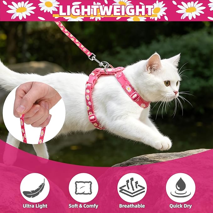 PUPTECK Adjustable Cat Harness and Leash Set Escape Proof Kitten Strap Collar for Walking Travel, Daisy Pattern