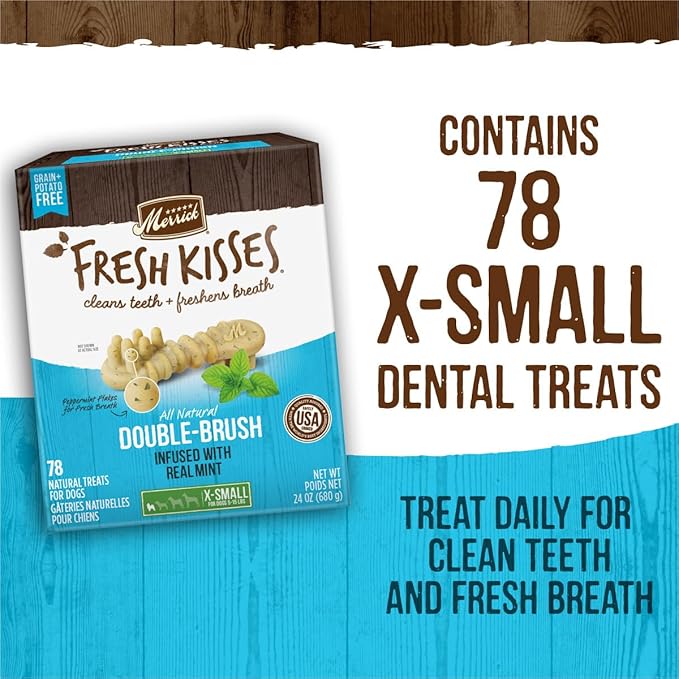 Merrick Fresh Kisses Natural Dental Chews Toothbrush Treat Shape Infused with Real Mint for Tiny Dogs 5-15 Lbs - 20 ct. Bag (Pack of 2)