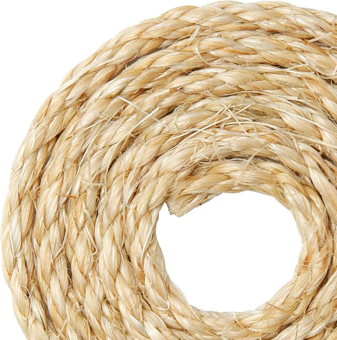 Natural Sisal Rope 1/4 Inch by 65-Feet for Cat Scratching Post Tree Tower Replacement Repair and Replace, DIY Hemp Twine Rope for Kittens Shelves Furniture Window Bed Perch Hammock cave, 6mm by 20m