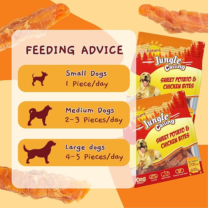 Jungle Calling 21.2 oz Dog Treats for Medium/Large Breeds Rewards - Chicken Wrapped Sweet Potato, Grain Free, Rawhide Free, Easy to Digest Treat Chews & Training Treats