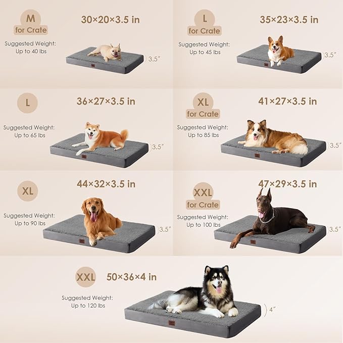 EHEYCIGA Orthopedic XXL Dog Beds for Jumbo Dogs with Removable Washable Cover for Crate, Grey, 47x29