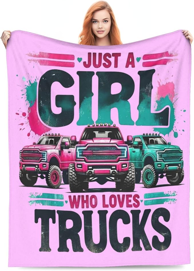 SweetFox Just A Girl Who Loves Trucks Blanket, Truck Decor Throw Blanket Gifts for Girls Boys Lovers Super Warm Soft Plush Fleece Flannel Winter Bedding Blankets for Kids Adults Men Women 50"X40"