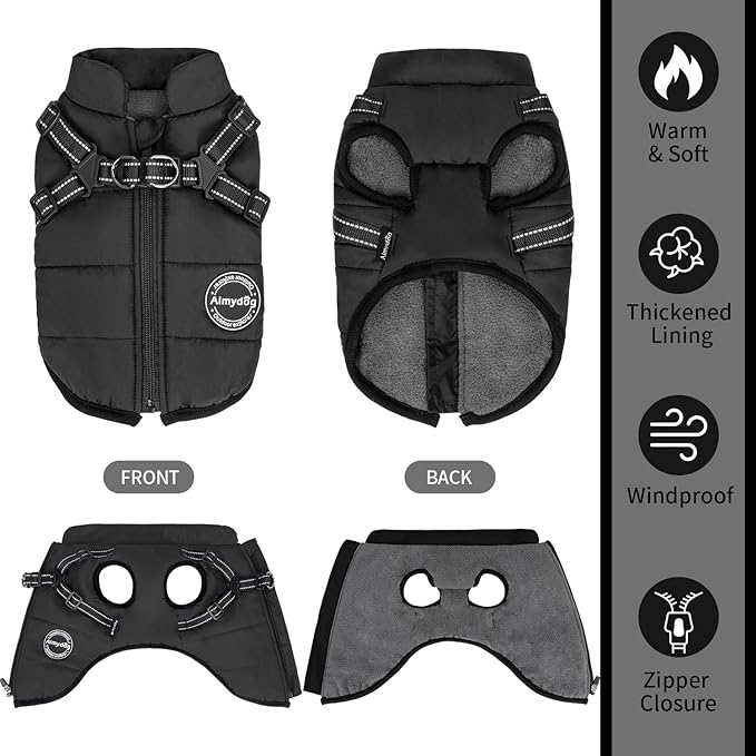 Warm Dog Winter Coat, Windproof Dog Cold Weather Jacket, Reflective & Adjustable Black Pet Vest with Harness, Thick Polar Fleece Lining Cozy Apparel for Small Medium Cats