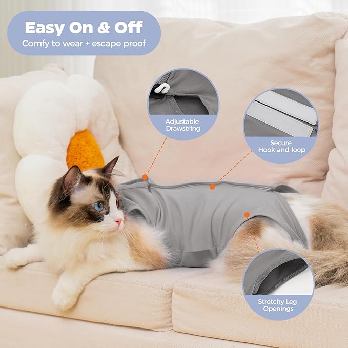 Avont Cat Recovery Suit Female Kitten After Spay Surgery, Breathable Modal Cotton Cat Onesie for Wound & Skin Disease Care, Machine Washable -Grey(S)