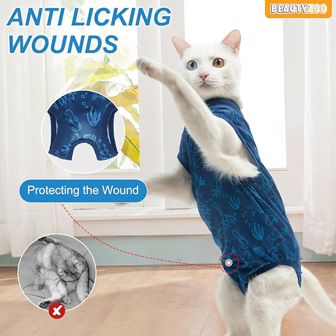 BEAUTYZOO 2 Pack Cat Recovery Suit, Cat Onesie for Cats After Surgery Female Male, Kitten Spay Neuter Surgical Recovery Body Suit Cone of Shame Alternative, Anti Lick Pet Anxiety Vest, Blue S