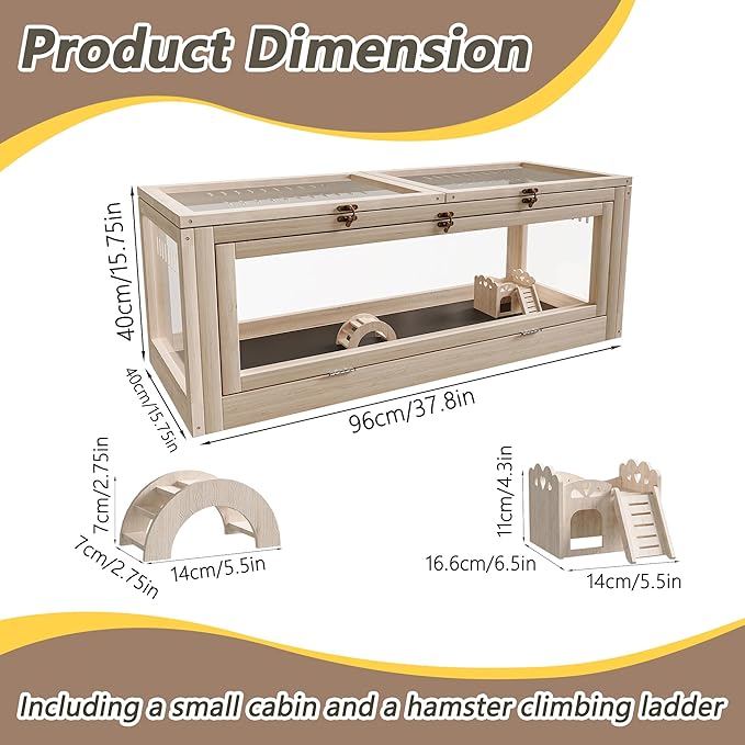 Wooden Hamster Cage with Small House and Bridge, Small Animal Habitat with Lockable Design, Openable Top and Front Doors for Gerbil, Guinea Pig, Rat, 38" L x 16" W x 16" H, Natural Wood Color