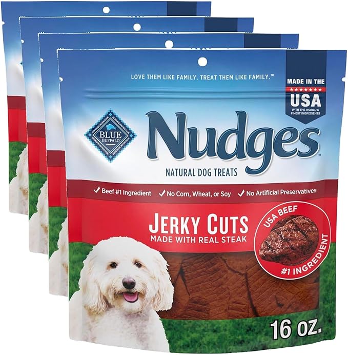 Blue Buffalo Nudges Jerky Cuts Dog Treats, Made in the USA with Natural Ingredients, Steak, 16-oz Bag (Pack of 4)