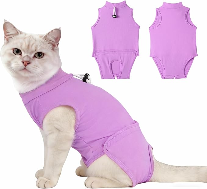 Gyuzh Cat Recovery Suit for Cats After Surgery - Breathable & Comzy Onesie with Adjustable Neck, Pull-On Design and Snap Closure, Cone Alternative for Spay Neuter, Anti-Licking Surgical Suit Purple M