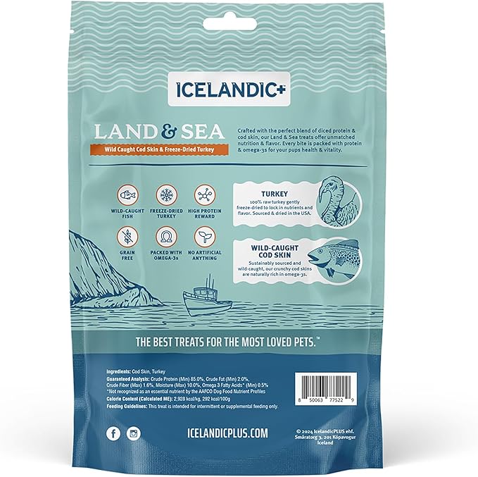 Icelandic+ Land & Sea Wild Caught Cod Skin & Freeze-Dried Turkey - 2.4oz Bag, Dog Treat & Food Topper, 2 Ingredients, No Preservatives, All Natural