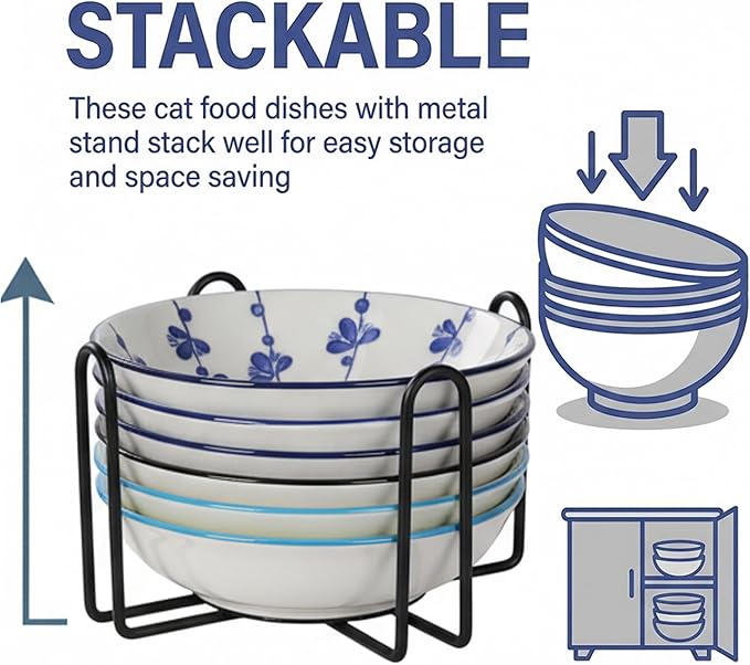 Ceramic Cat Food Bowls,6 Pack Colorful Cat Bowls Set with Metal Storage Stand,Anti-Slip Cats Dishes,Stackable Design,Kitten Plates for Wet and Dry Food Water (6bowls with Metal Holder)