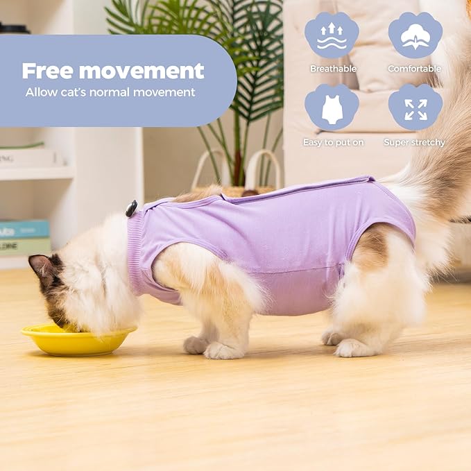 Avont Cat Recovery Suit Female Kitten After Spay Surgery, Breathable Modal Cotton Cat Onesie for Wound & Skin Disease Care, Machine Washable -Purple(M)