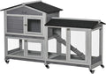 PawHut 62" Rabbit Hutch, Wooden Bunny Hutch, Guinea Pig Cage, Small Animal Enclosure with Wheels, Run Area, Removable Tray, Asphalt Roof, Lockable Doors and Ramp, for Rabbits, Chickens, Ducks, Gray