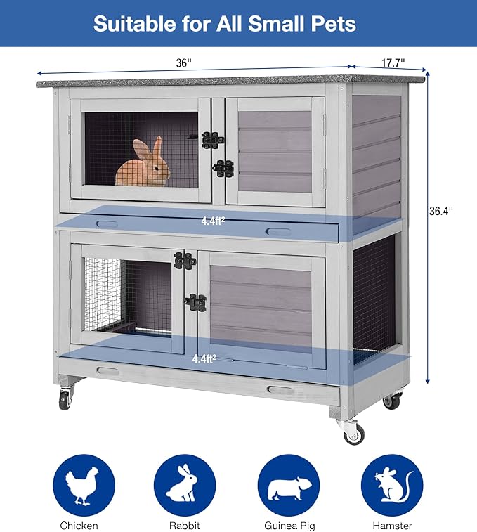 2-Story Rabbit Hutch Indoor Outdoor with Wheels, Bunny Cage with Slip-Proof Ramp, Guinea Pigs Cage with Waterproof Roof & Easy-Clean Tray, Multi-Access Doors, 36"