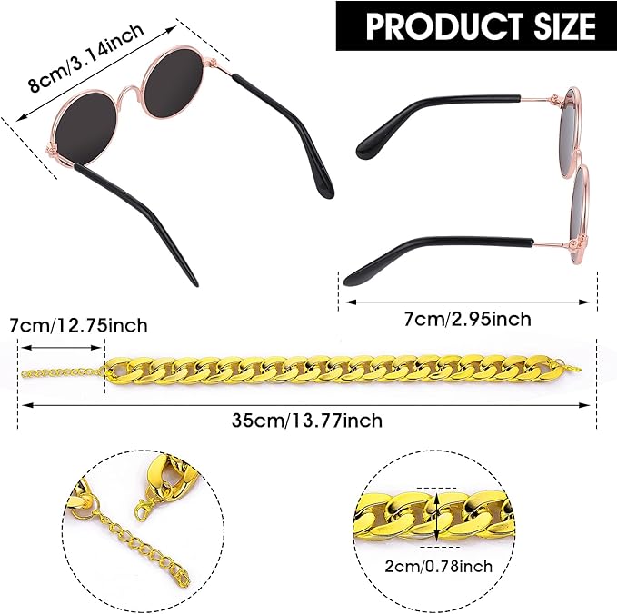 Molain Cat Sunglasses Gold Chain Costume Decorations- Cat UV Protection Classic Retro Puppy Retro Black Sunglasses Faux Gold Adjustable Chain Cosplay Costume Cool Funny Photo Props