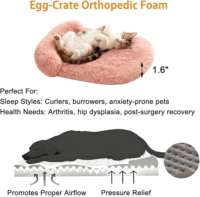 Calming Dog Beds for Medium Large Dogs, Orthopedic Cushion Plush Dogs Lounge Couch Sofa with Washable Removable Cover, Anti-Anxiety Soft Faux Fur Fits up to 40 lbs Pets (Oval, Blush 32"x24")