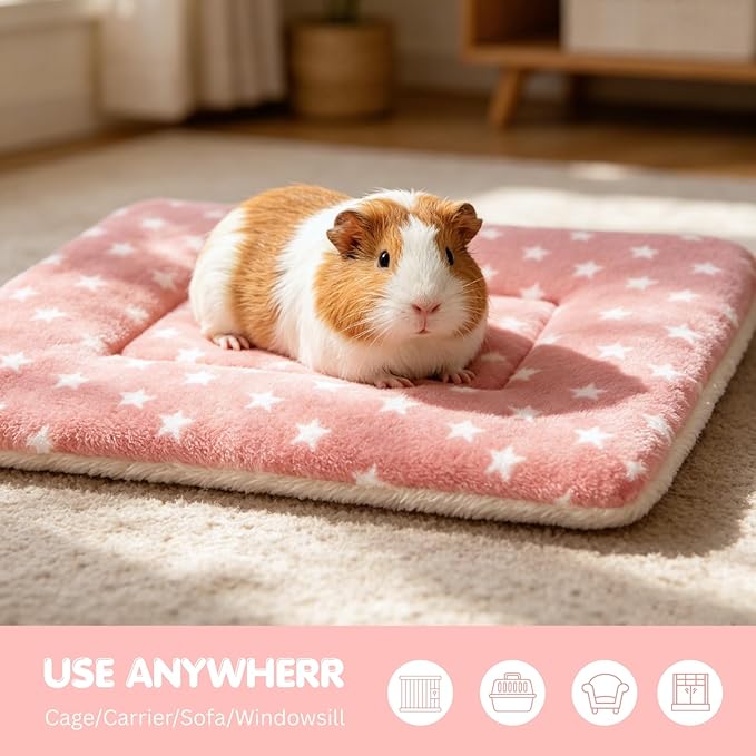 4 Pack Rabbit Bed Mat, 14" x 11" Soft Fluffy Flannel Small Pet Blanket, Washable Sleeping Pad for Guinea Pigs, Bunnies, Star Print - Pink